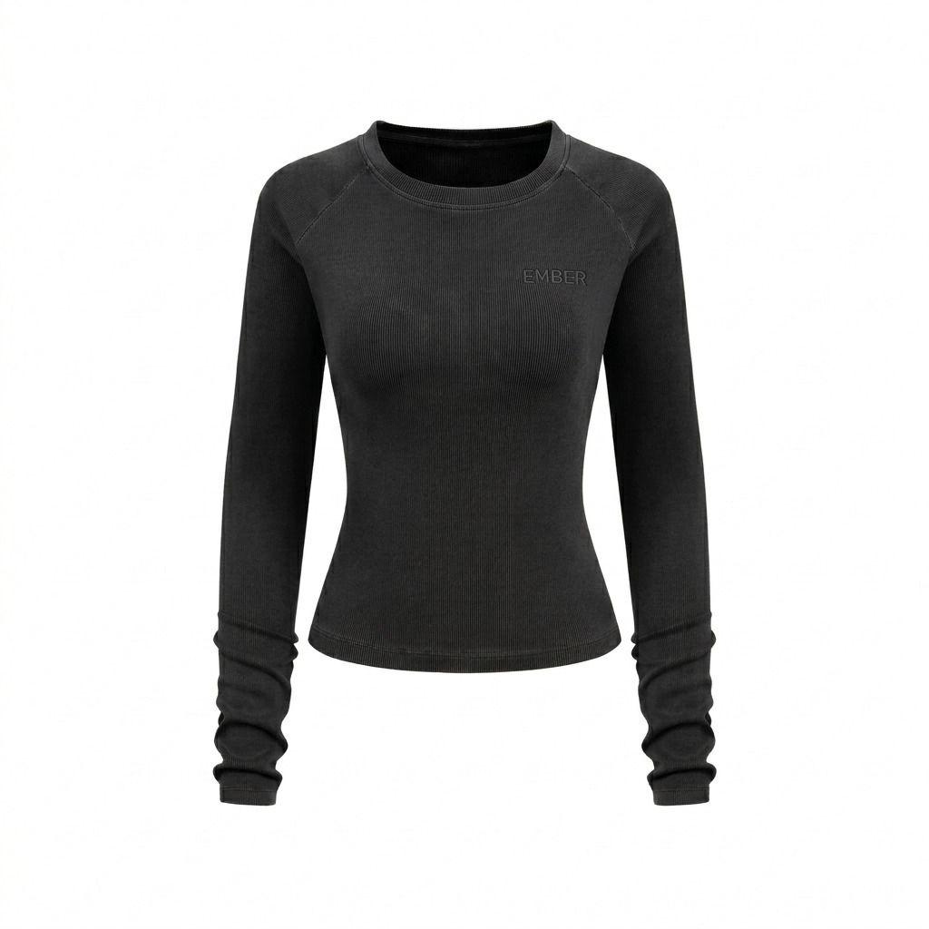 Custom Slim-Fit Raglan Long Sleeve Tee design direction 1: Subtle Tonal Wordmark featuring the EMBER wordmark