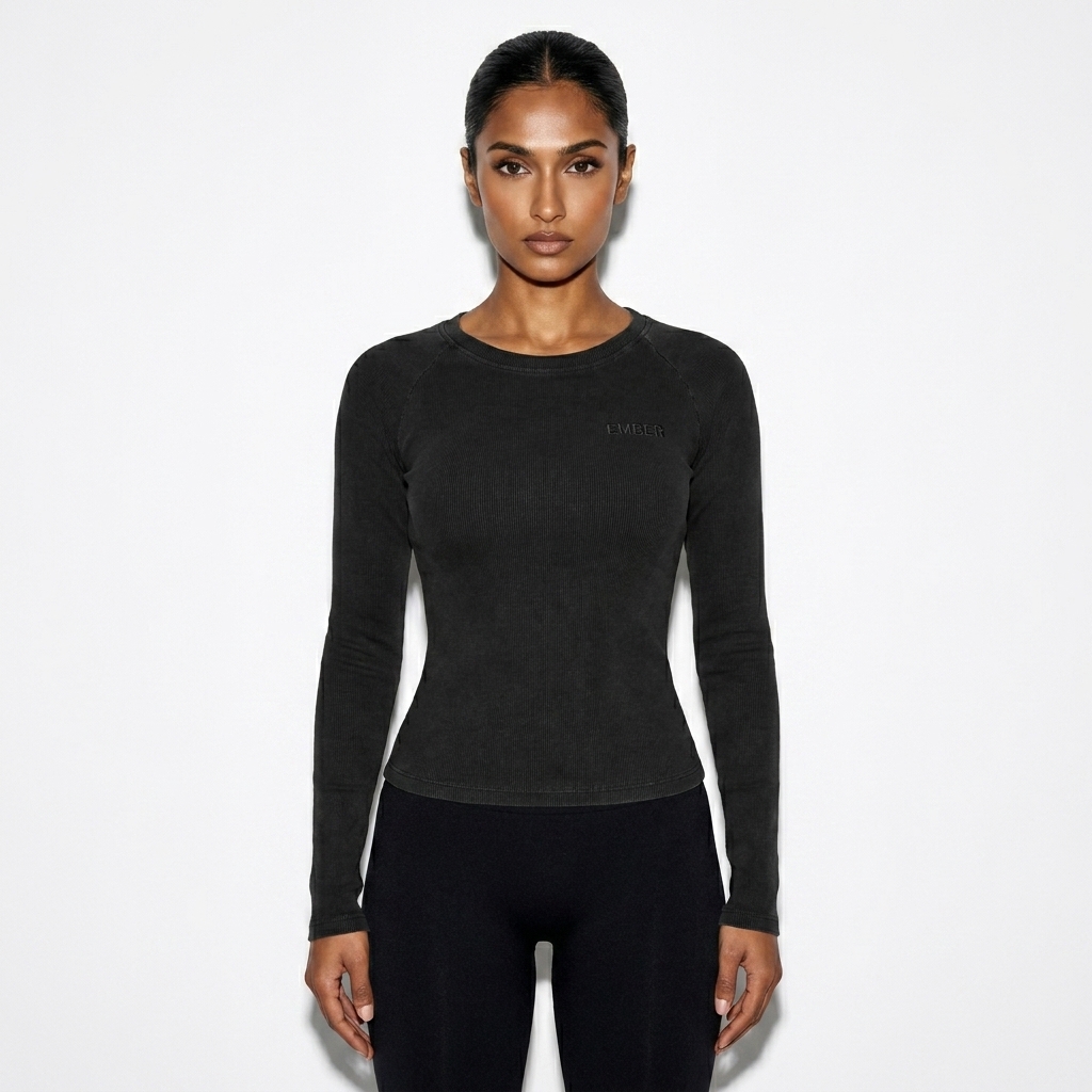 Slim-Fit Raglan Long Sleeve Tee worn by a toned South Asian female fashion influencer, preppy ivy styling, studio lookbook — custom slim-fit raglan long sleeve tee