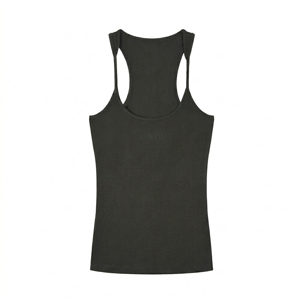 Custom Slim Fit Ribbed Racerback Tank Top design direction 1: Tonal Minimalist Wordmark featuring the LOOM wordmark