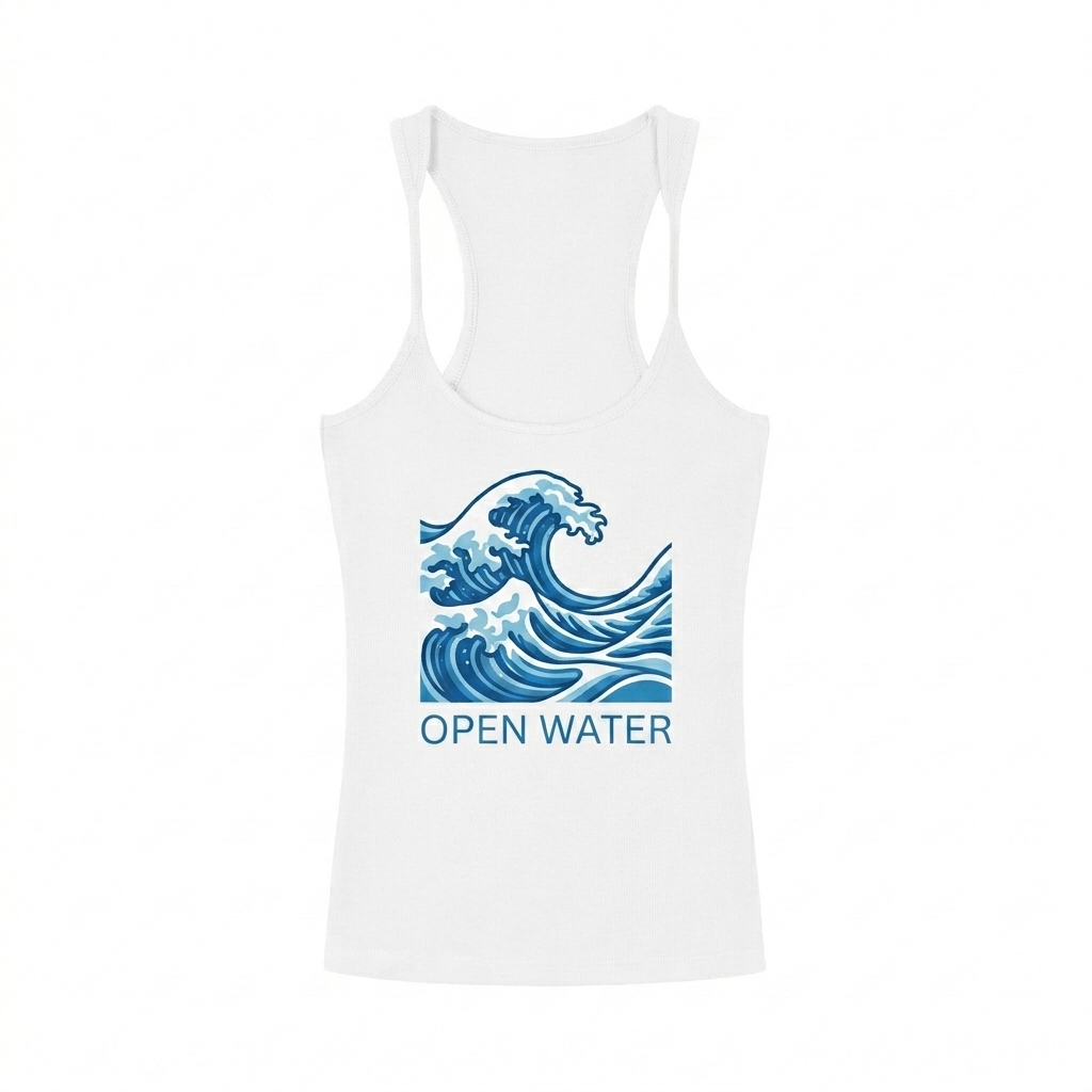 Custom Slim Fit Ribbed Racerback Tank Top design direction 2: Bold Graphic Illustration featuring the OPEN WATER wordmark