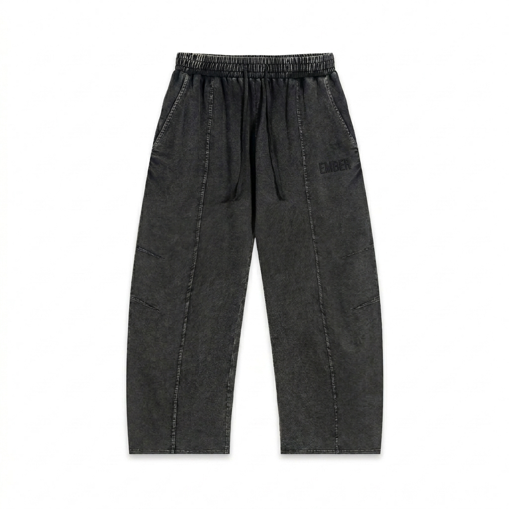 Custom Snow Wash Cotton Pants design direction 1: Tonal Utility Wordmark featuring the EMBER wordmark