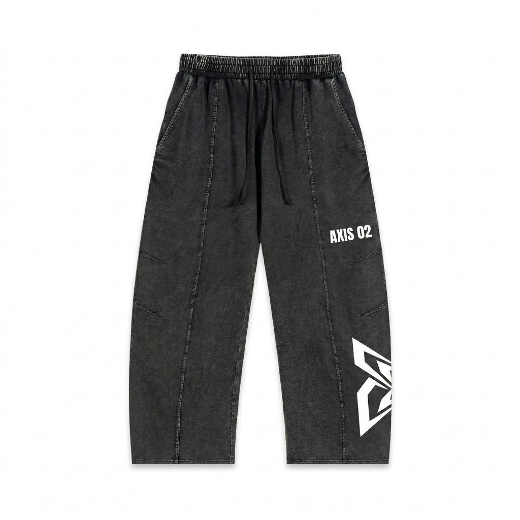 Custom Snow Wash Cotton Pants design direction 2: Abstract Street Graphic featuring the AXIS 02 wordmark