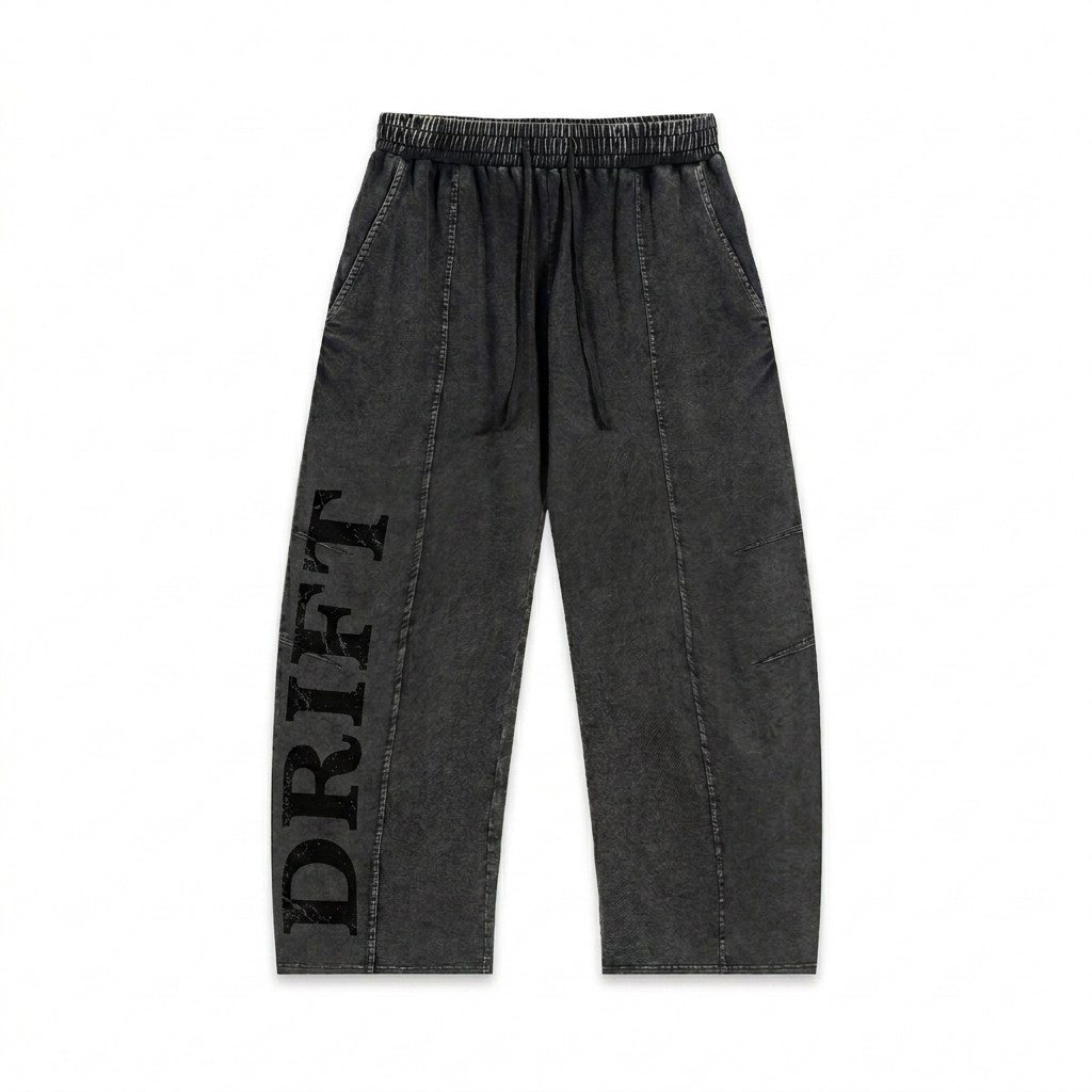 Custom Snow Wash Cotton Pants design direction 3: Vertical Type Experiment featuring the DRIFT wordmark