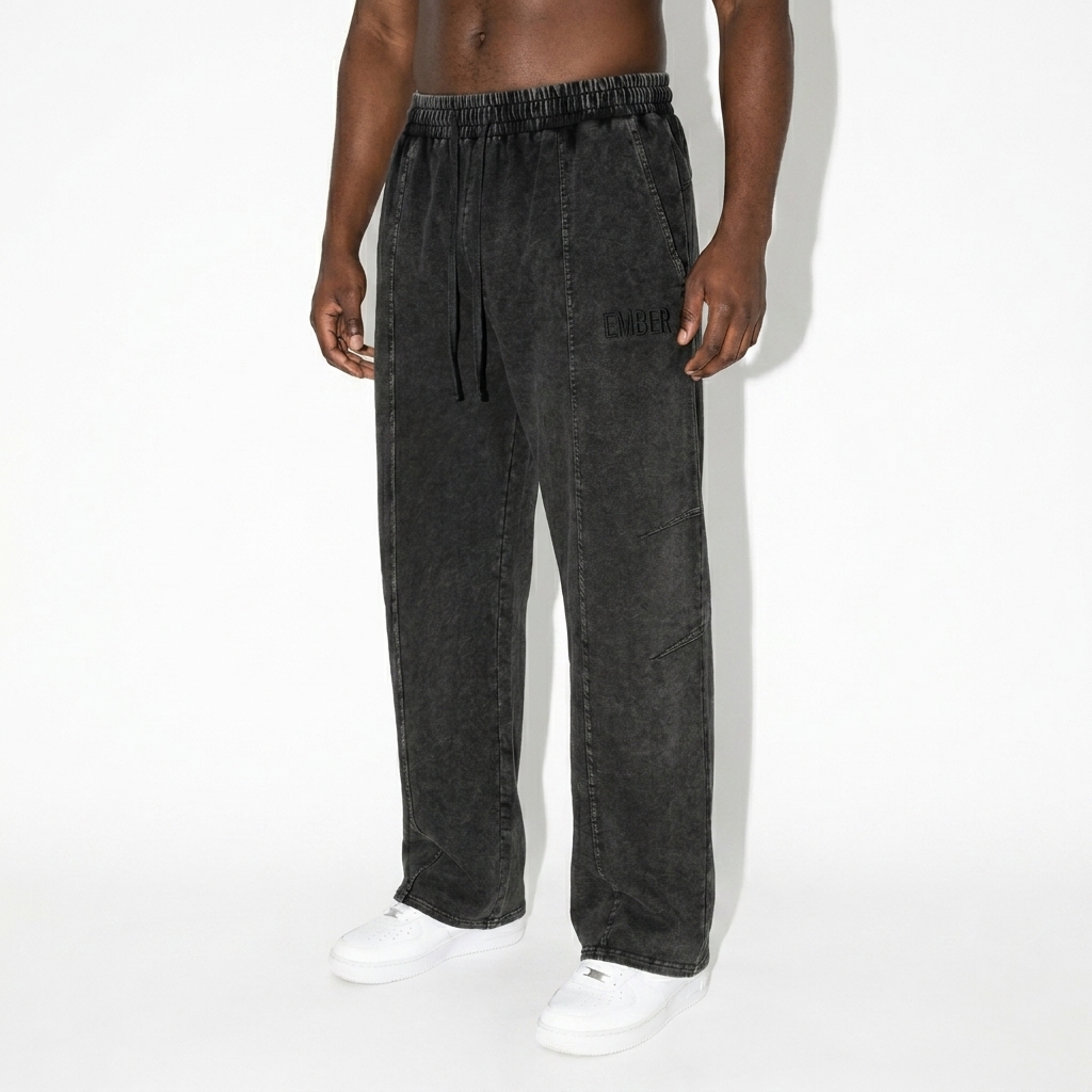 Snow Wash Cotton Pants worn by a mid-size Black male fashion influencer, preppy ivy styling, studio lookbook — custom snow wash cotton pants