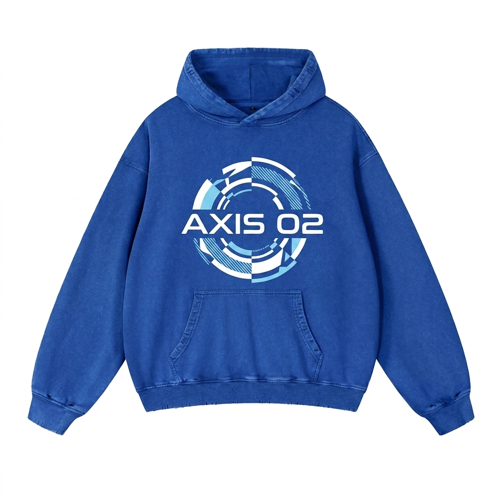 Custom Snow Wash Heavyweight Hoodie design direction 2: Abstract Geometric Graphic featuring the AXIS 02 wordmark