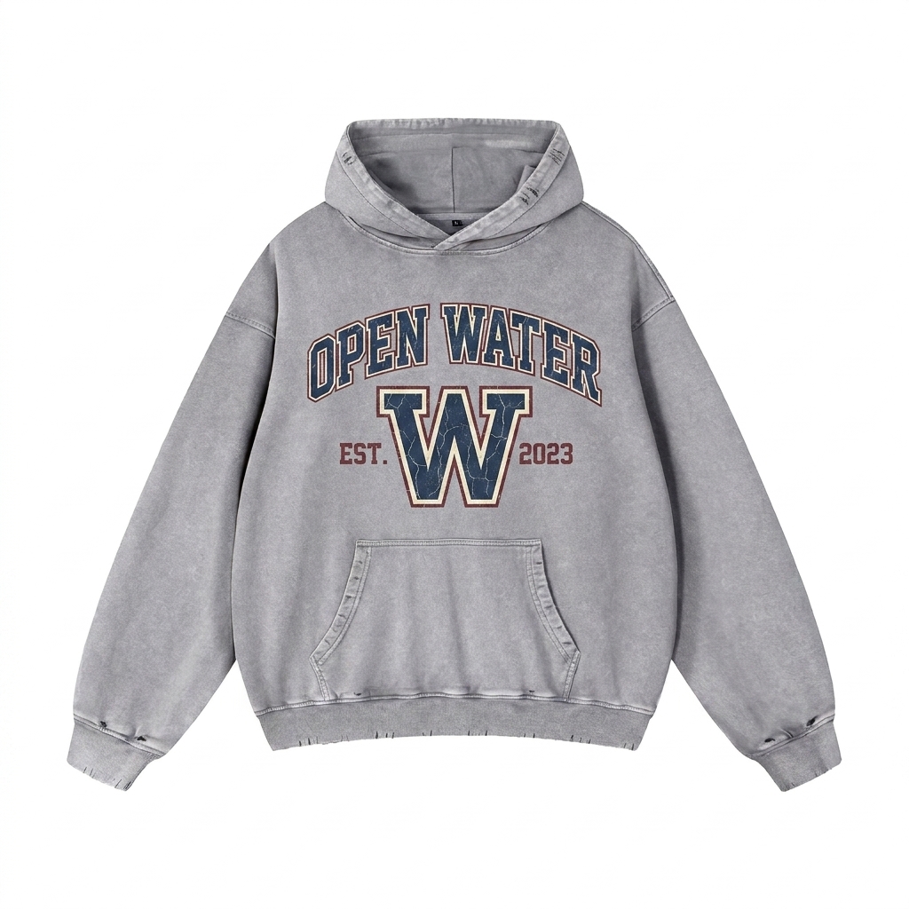 Custom Snow Wash Heavyweight Hoodie design direction 3: Retro Collegiate Emblem featuring the OPEN WATER wordmark