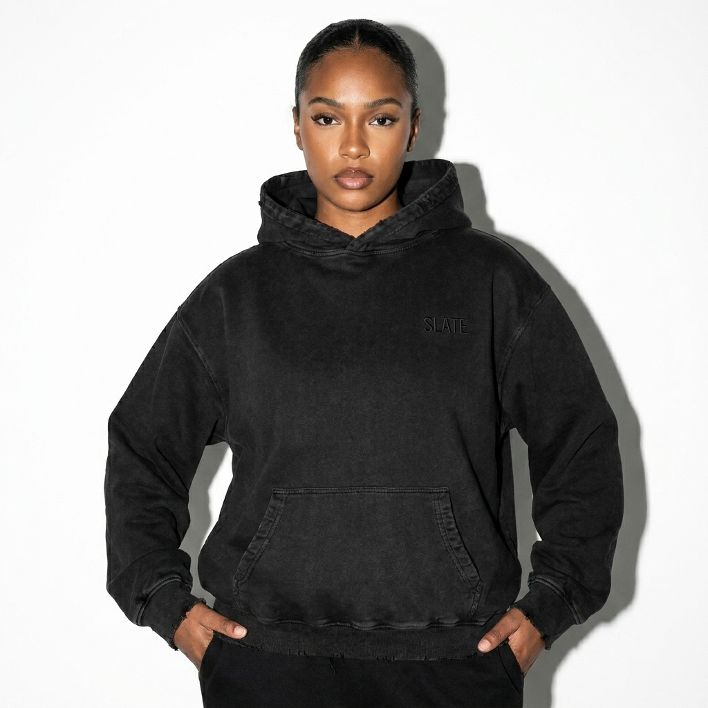 Snow Wash Heavyweight Hoodie worn by a mid-size Afro-Caribbean female fashion influencer, preppy ivy styling, studio lookbook — custom snow wash heavyweight hoodie