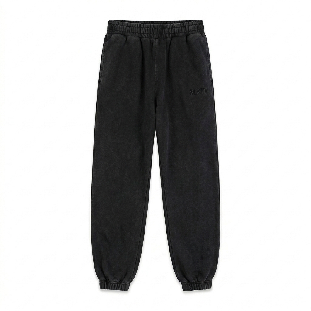 Custom Snow Wash Heavyweight Jogger Sweatpants design direction 1: Tonal Minimalist Wordmark featuring the SLATE wordmark
