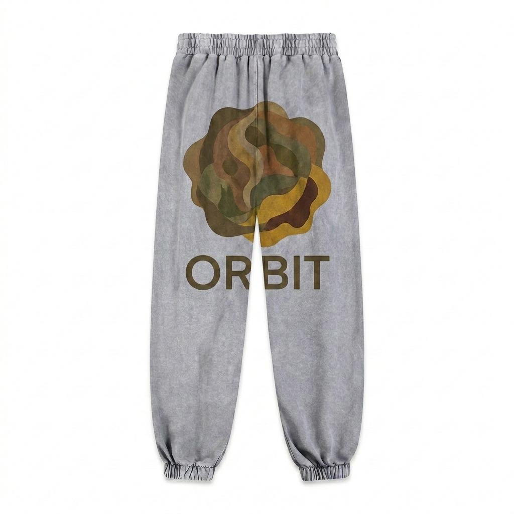 Custom Snow Wash Heavyweight Jogger Sweatpants design direction 2: Bold Abstract Graphic featuring the ORBIT wordmark