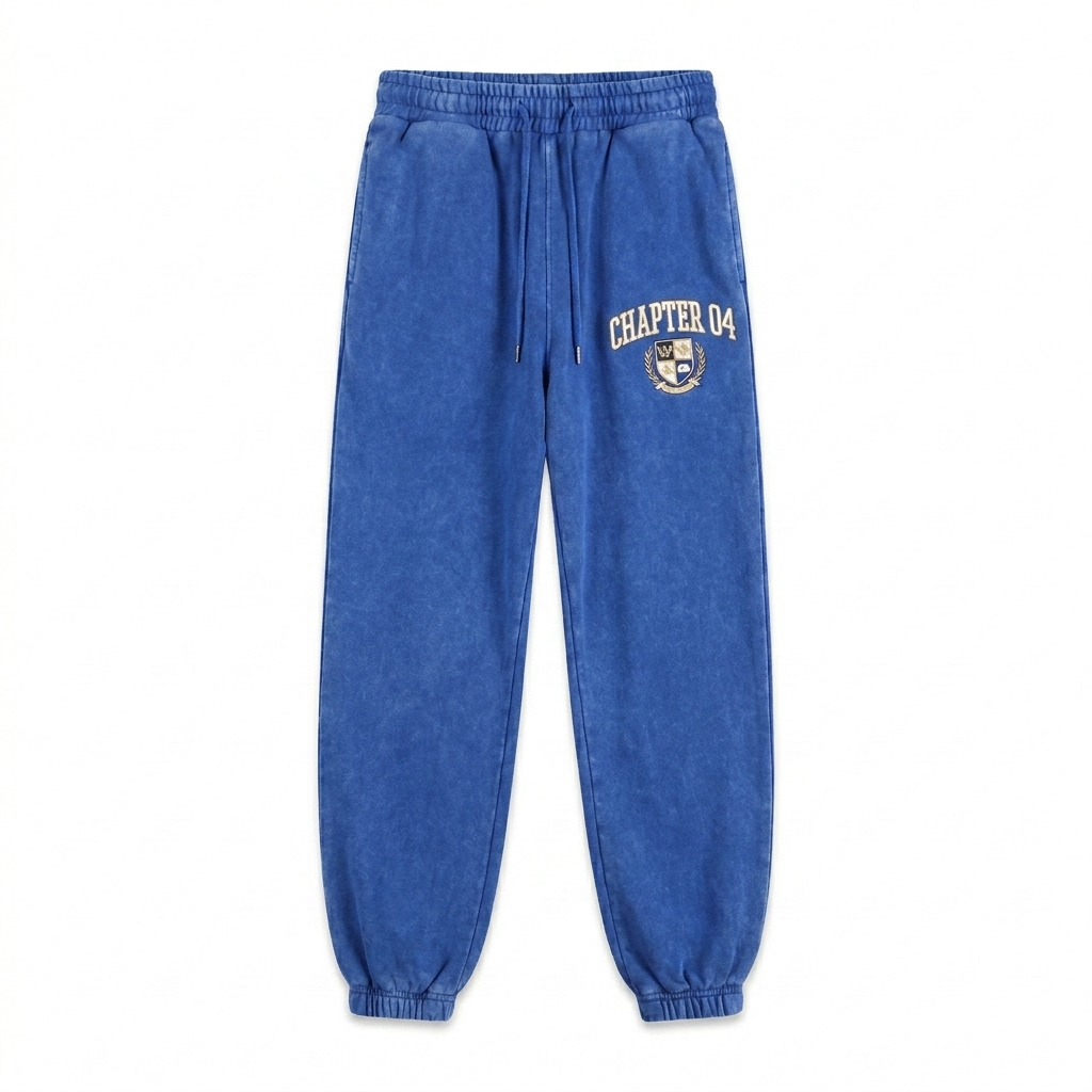 Custom Snow Wash Heavyweight Jogger Sweatpants design direction 3: Retro Collegiate Emblem featuring the CHAPTER 04 wordmark