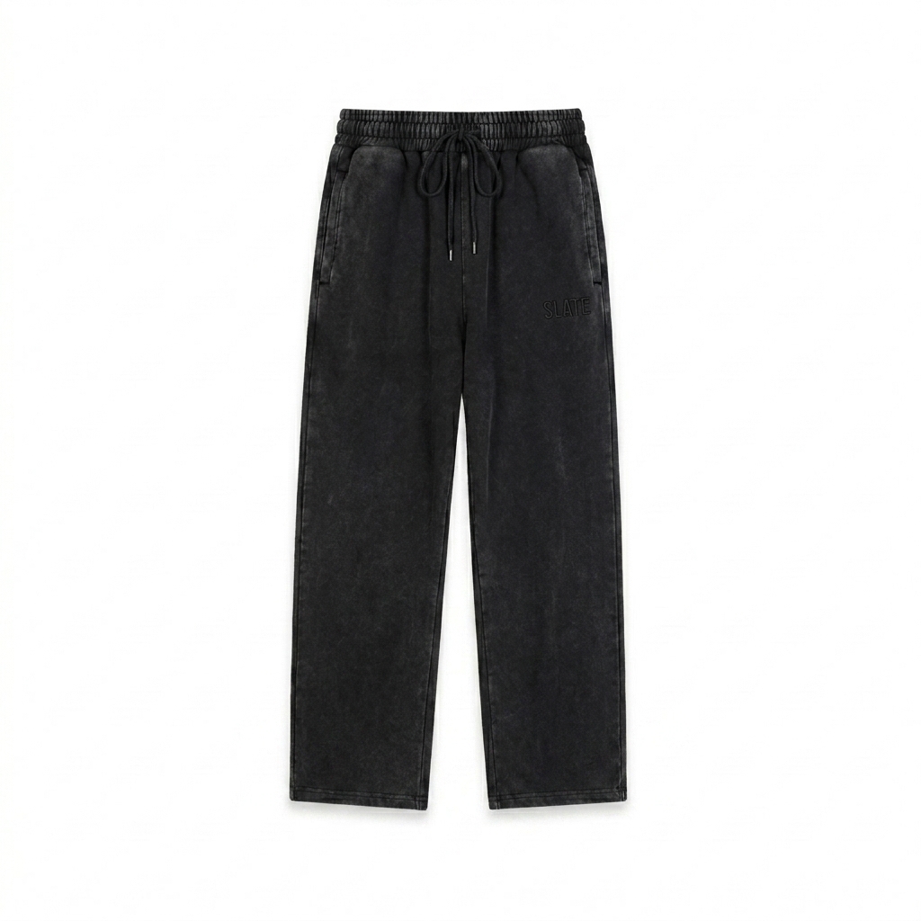 Custom Snow Wash Heavyweight Sweatpants design direction 1: Tonal Minimalist Wordmark featuring the SLATE wordmark