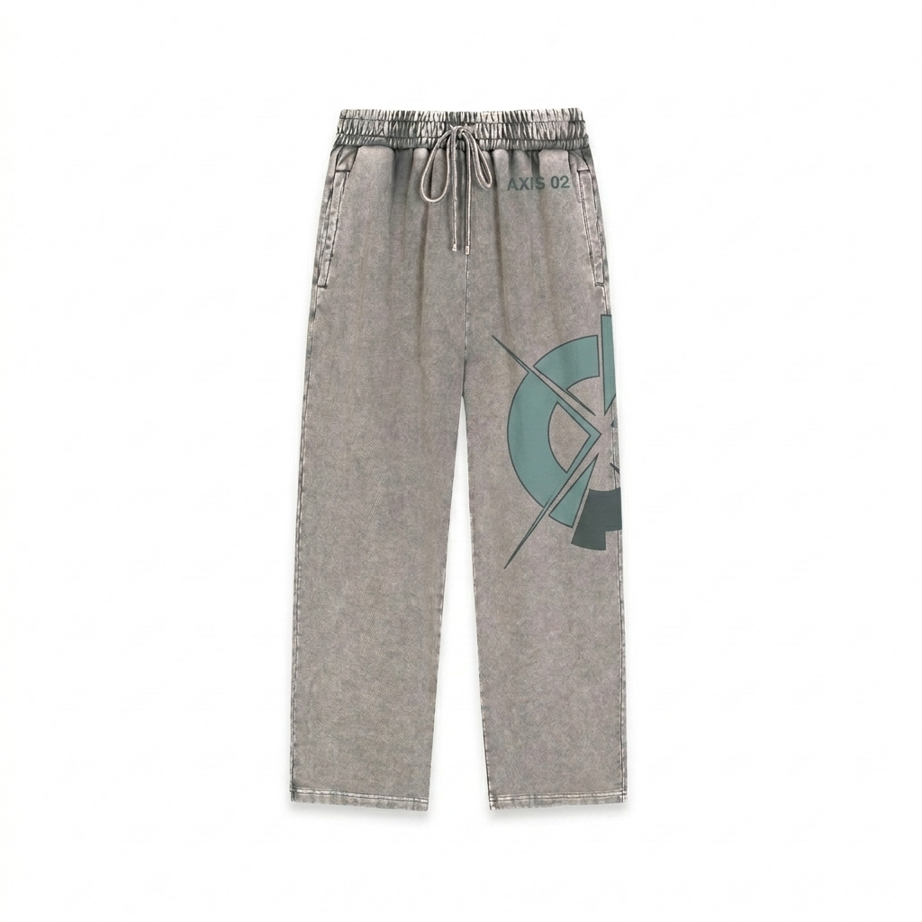 Custom Snow Wash Heavyweight Sweatpants design direction 2: Abstract Street Graphic featuring the AXIS 02 wordmark