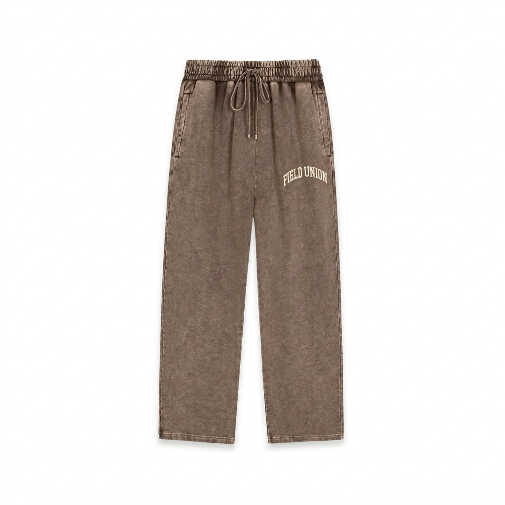 Custom Snow Wash Heavyweight Sweatpants design direction 3: Retro Collegiate Script featuring the FIELD UNION wordmark