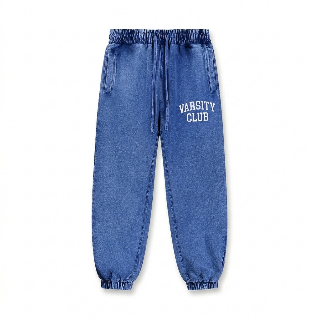 Custom Snow Wash Jogger Sweatpants design direction 3: Retro Collegiate Wordmark featuring the VARSITY CLUB wordmark