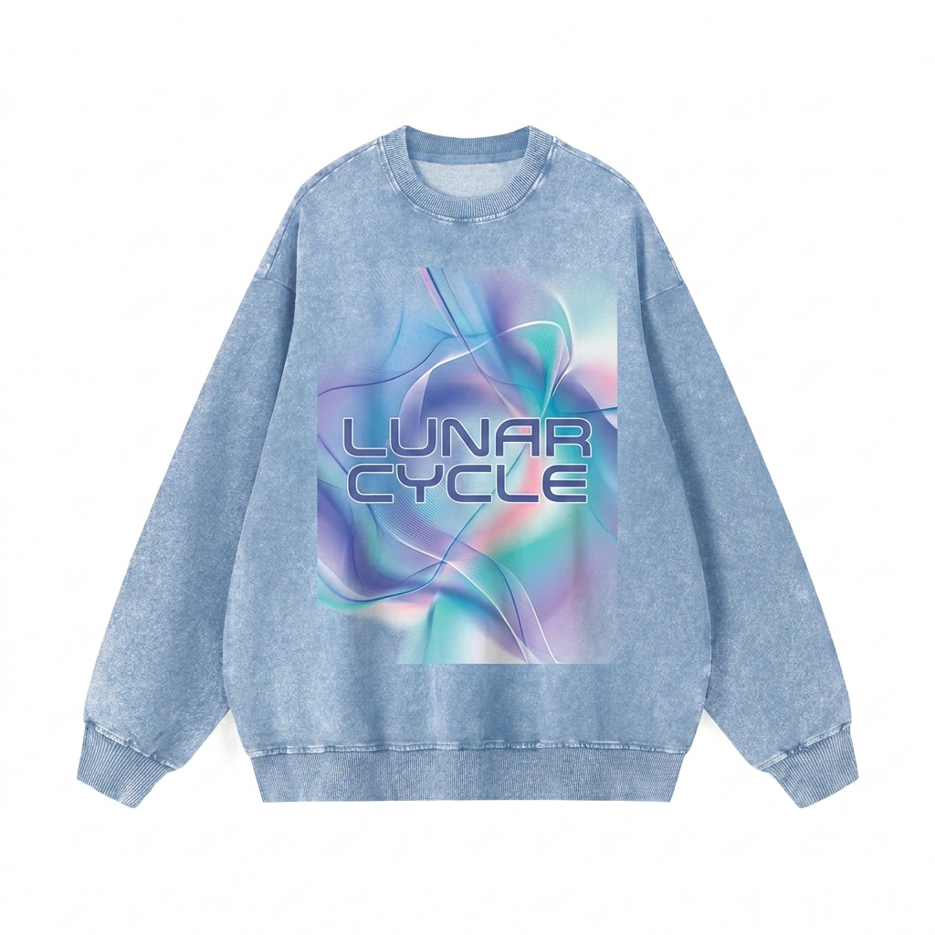 Custom Snow Wash Oversized Crewneck Sweatshirt design direction 2: Bold Abstract Graphic featuring the LUNAR CYCLE wordmark