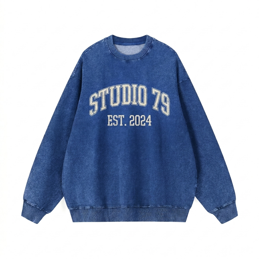 Custom Snow Wash Oversized Crewneck Sweatshirt design direction 3: Retro Collegiate Emblem featuring the STUDIO 79 wordmark