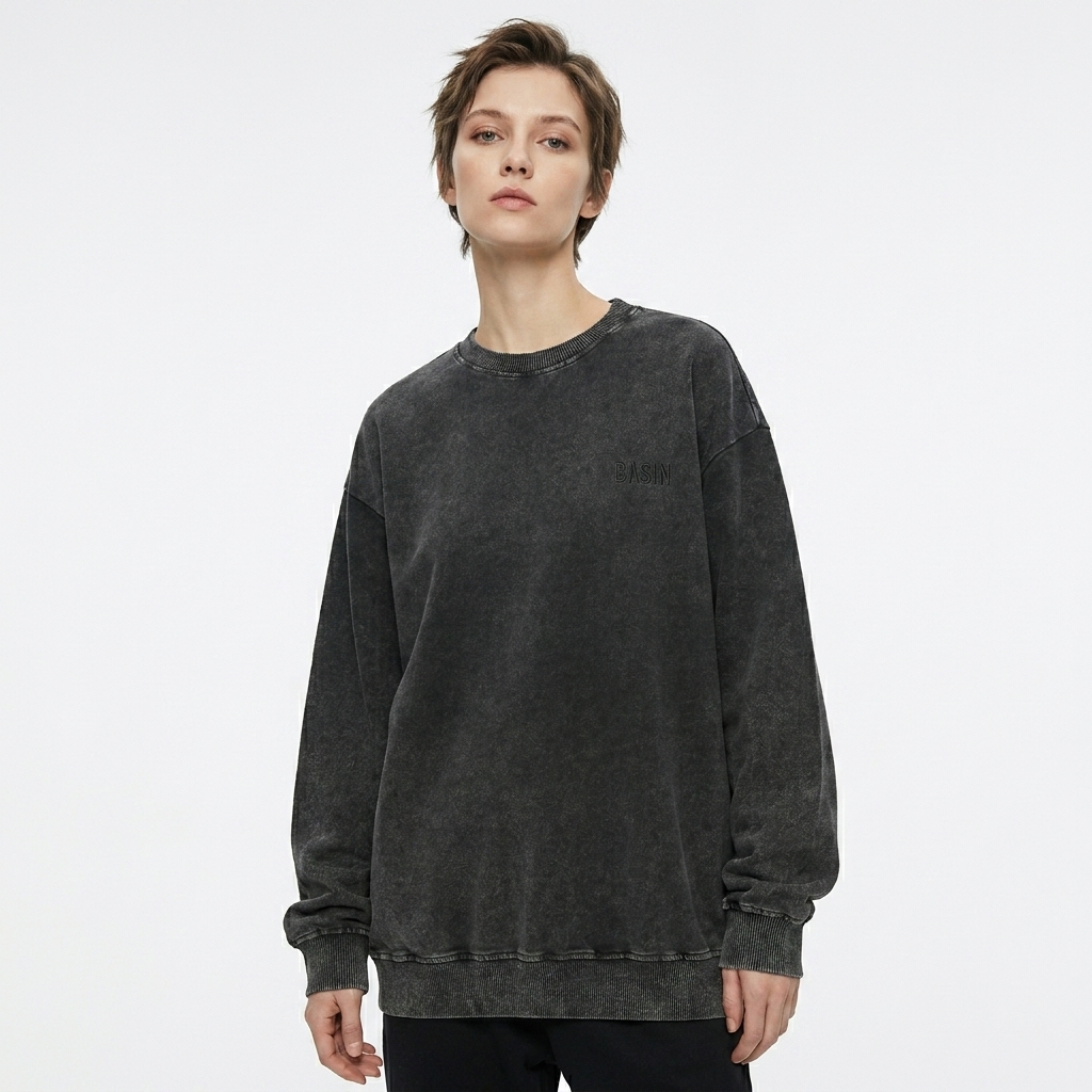 Snow Wash Oversized Crewneck Sweatshirt worn by a slim tall British female fashion influencer, downtown streetwear styling, studio lookbook — custom snow wash oversized crewneck sweatshirt