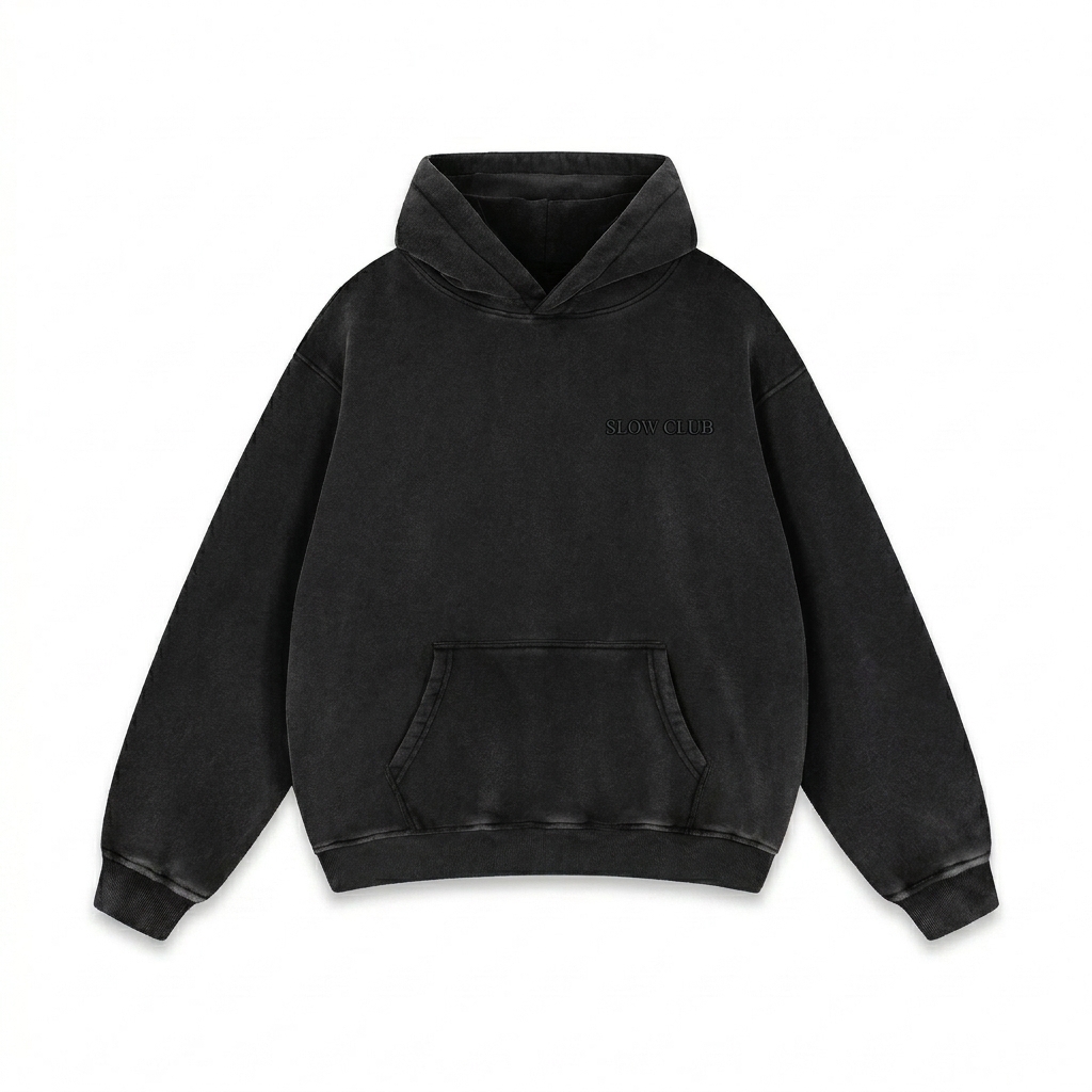 Custom Snow Wash Oversized Hoodie design direction 1: Tonal Heritage Wordmark featuring the SLOW CLUB wordmark