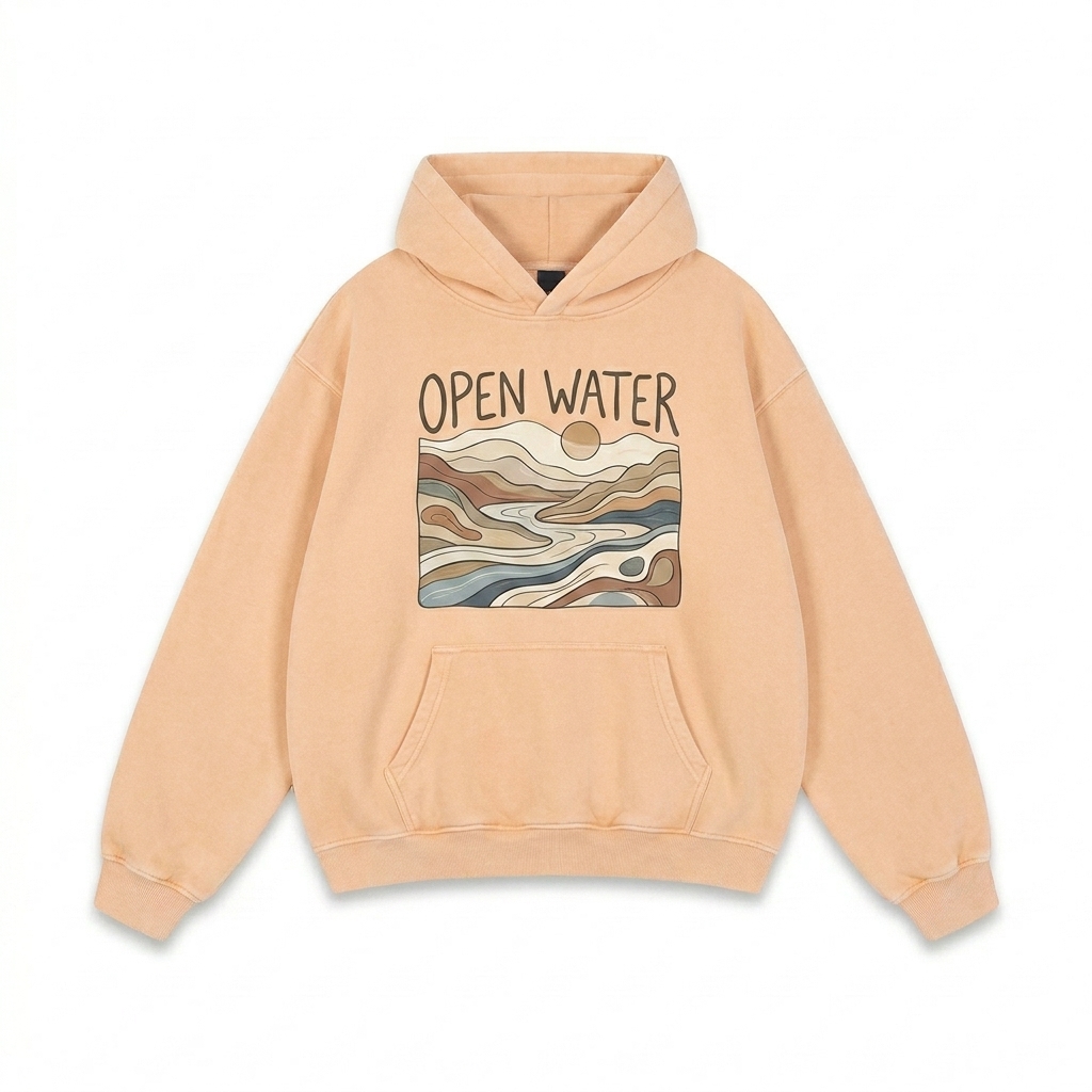 Custom Snow Wash Oversized Hoodie design direction 2: Abstract Landscape Graphic featuring the OPEN WATER wordmark