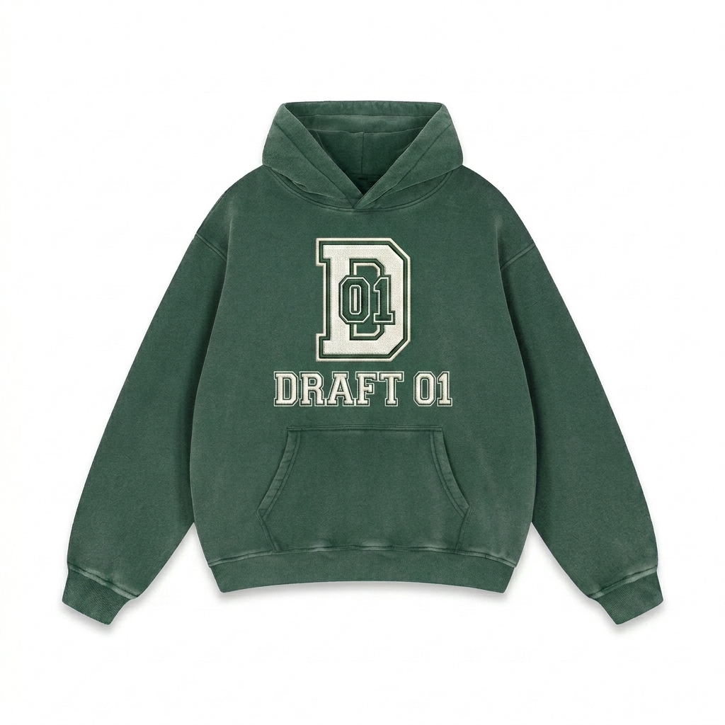 Custom Snow Wash Oversized Hoodie design direction 3: Collegiate Emblem featuring the DRAFT 01 wordmark