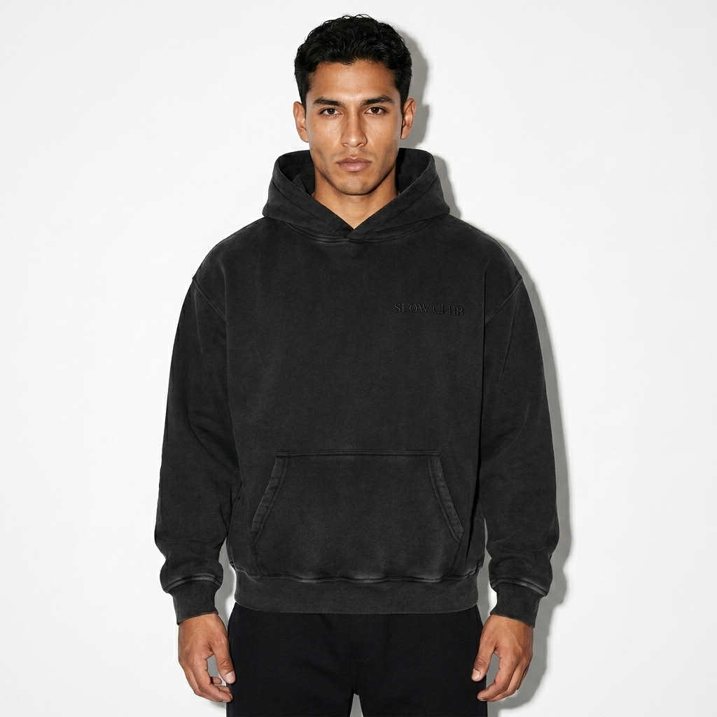 Snow Wash Oversized Hoodie worn by a toned Mexican male fashion influencer, y2k revival styling, studio lookbook — custom snow wash oversized hoodie