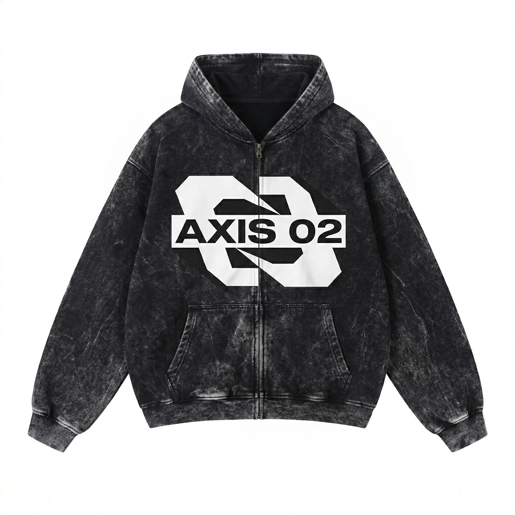 Custom Snow Wash Oversized Zip-Up Hoodie design direction 2: Bold Abstract Graphic featuring the AXIS 02 wordmark