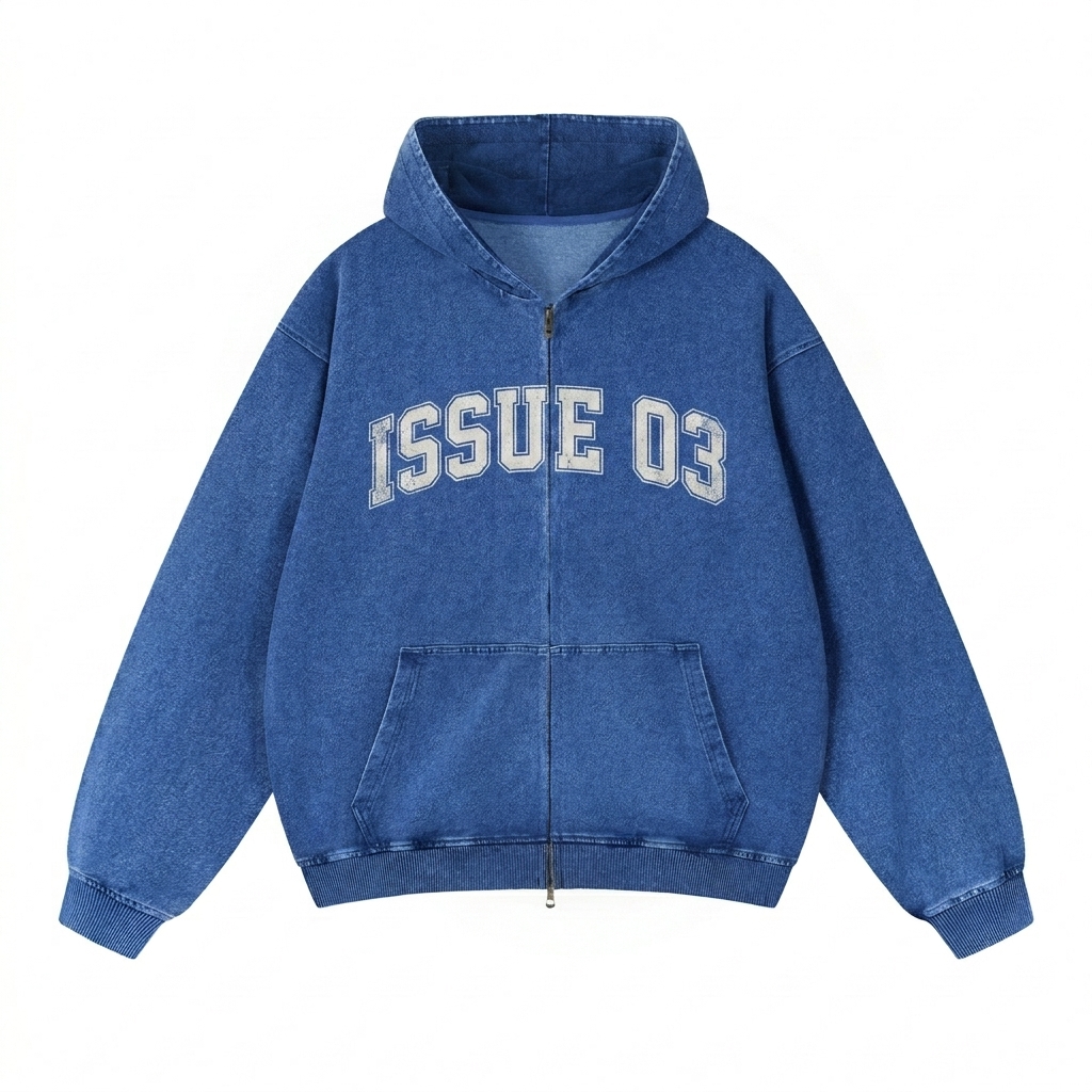 Custom Snow Wash Oversized Zip-Up Hoodie design direction 3: Retro Collegiate Emblem featuring the ISSUE 03 wordmark