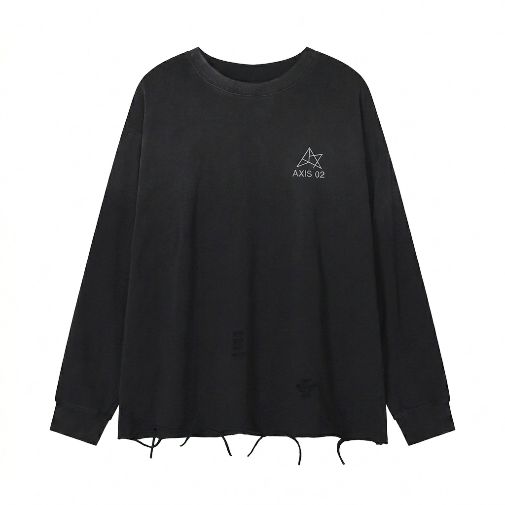 Custom Snow Wash Raw Edge Cotton T-Shirt design direction 1: Tonal Abstract Motif featuring the AXIS 02 wordmark