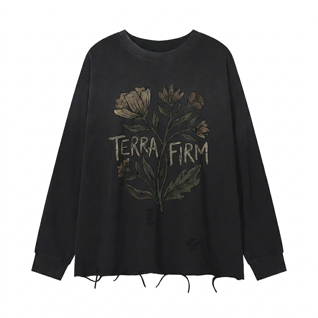 Custom Snow Wash Raw Edge Cotton T-Shirt design direction 2: Bold Graphic Statement featuring the TERRA FIRM wordmark