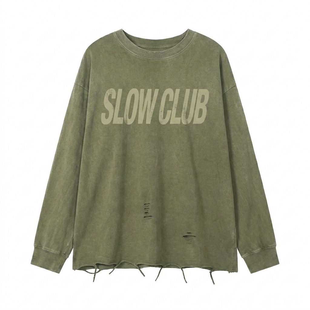 Custom Snow Wash Raw Edge Cotton T-Shirt design direction 3: Retro Typography Experiment featuring the SLOW CLUB wordmark