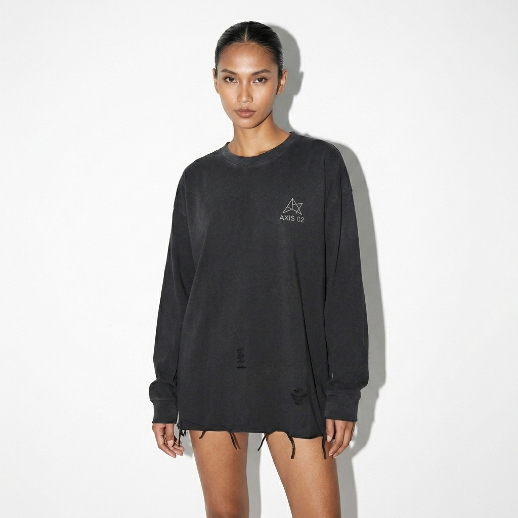 Snow Wash Raw Edge Cotton T-Shirt worn by a slim tall Southeast Asian female fashion influencer, minimalist luxury styling, studio lookbook — custom snow wash raw edge cotton t-shirt