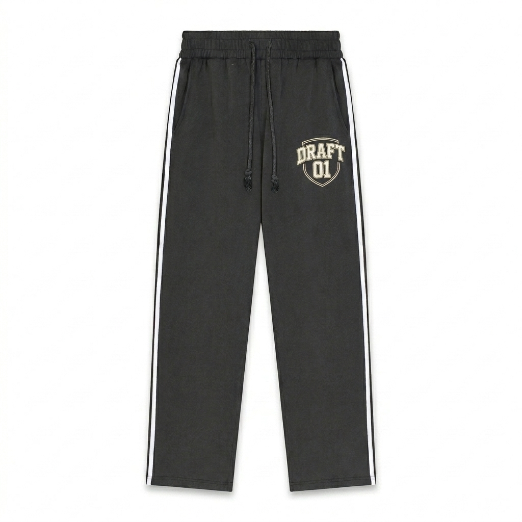 Custom Snow Washed Contrast Sweatpants design direction 3: Retro Collegiate Emblem featuring the DRAFT 01 wordmark