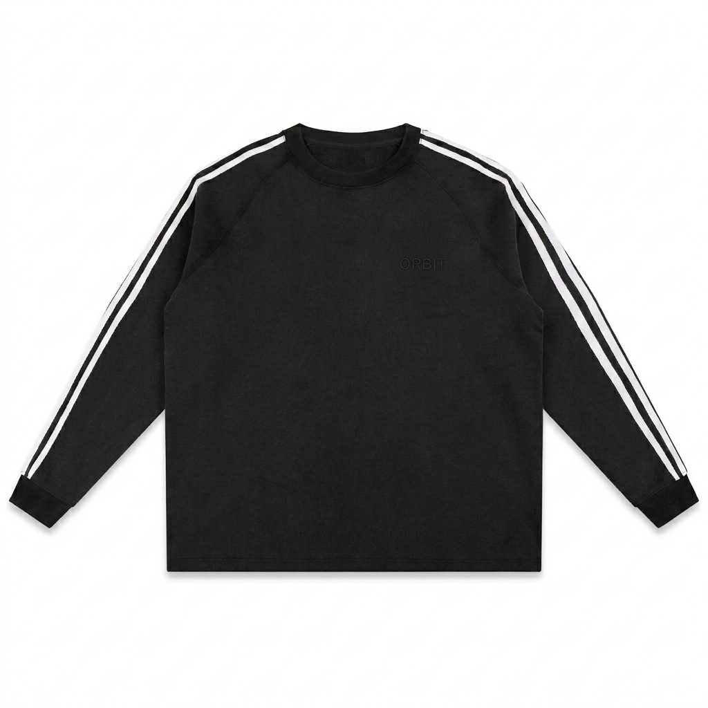 Custom Snow Washed Contrast Tape Crewneck design direction 1: Tonal Embroidered Wordmark featuring the ORBIT wordmark