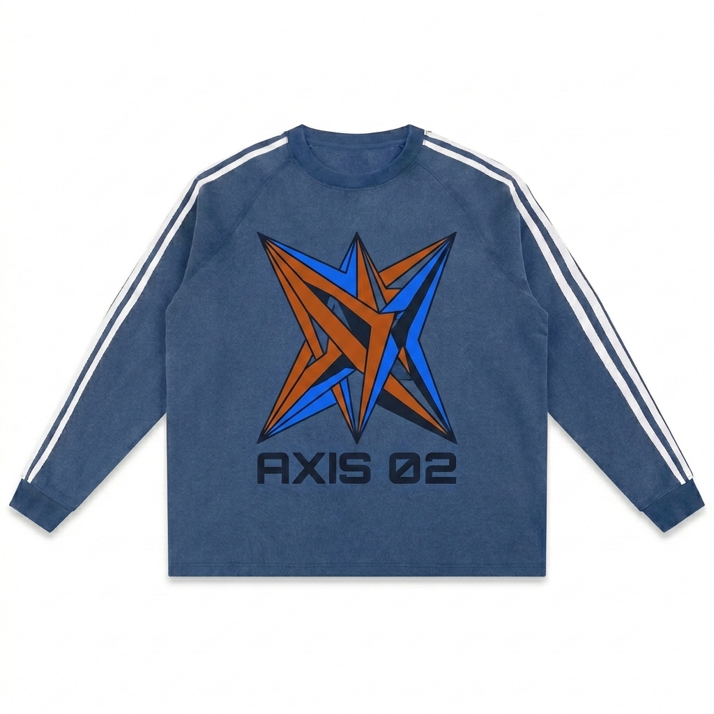 Custom Snow Washed Contrast Tape Crewneck design direction 2: Abstract Geometric Graphic featuring the AXIS 02 wordmark