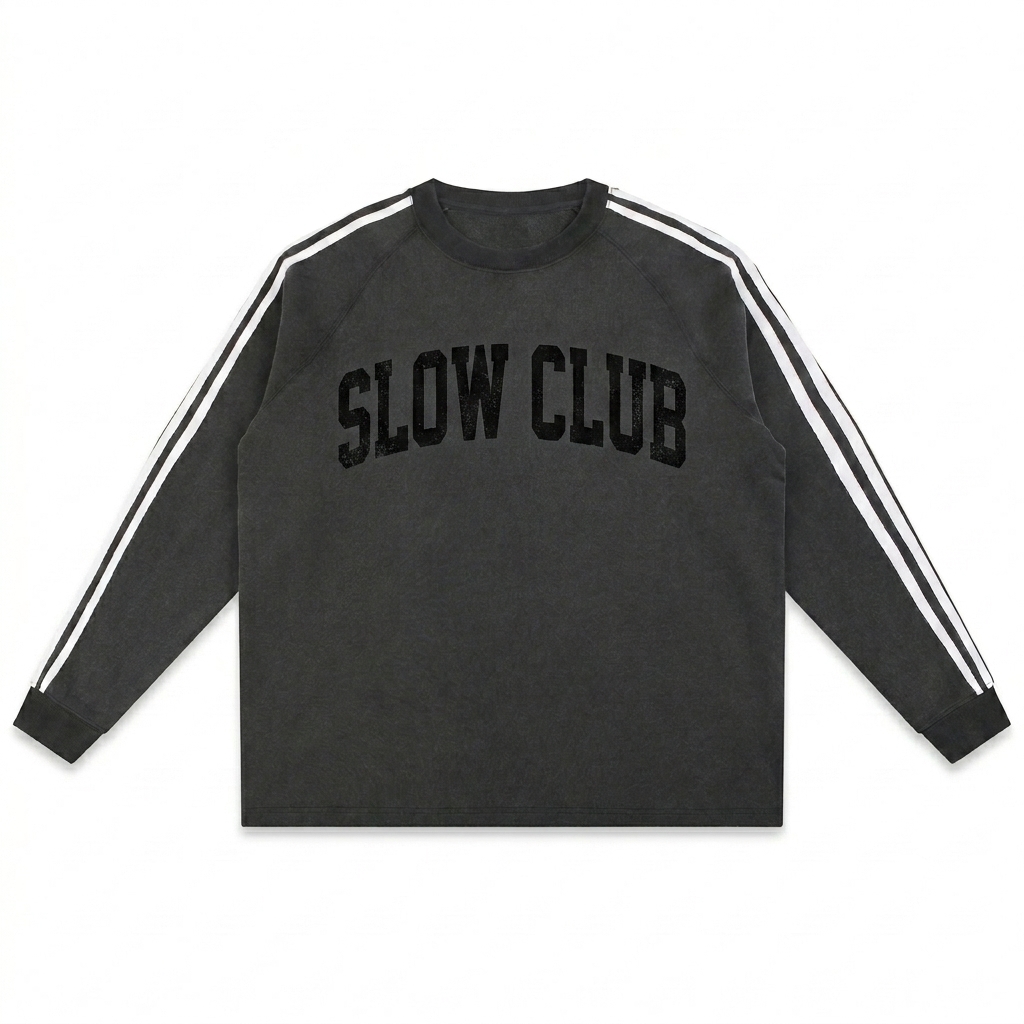 Custom Snow Washed Contrast Tape Crewneck design direction 3: Distressed Collegiate Wordmark featuring the SLOW CLUB wordmark