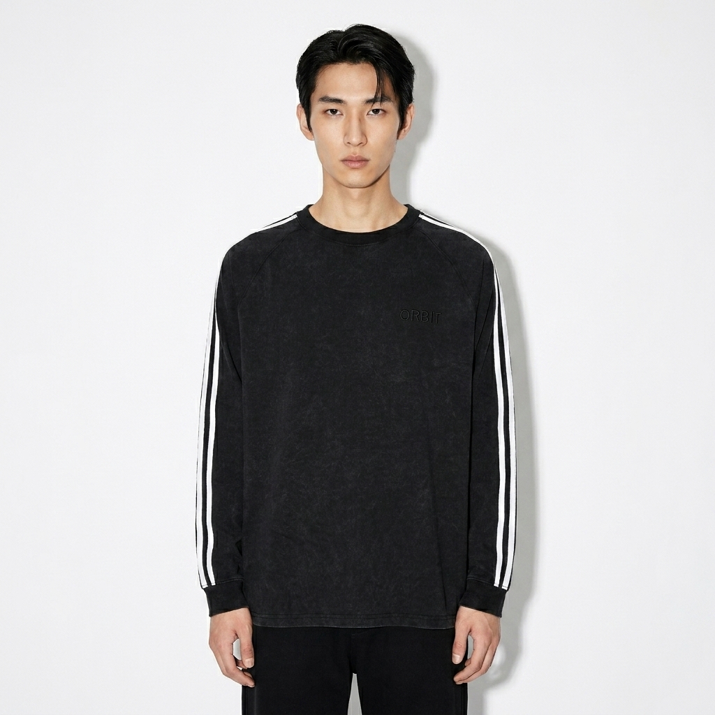 Snow Washed Contrast Tape Crewneck worn by a slim tall Japanese male fashion influencer, workwear utility styling, studio lookbook — custom snow washed contrast tape crewneck