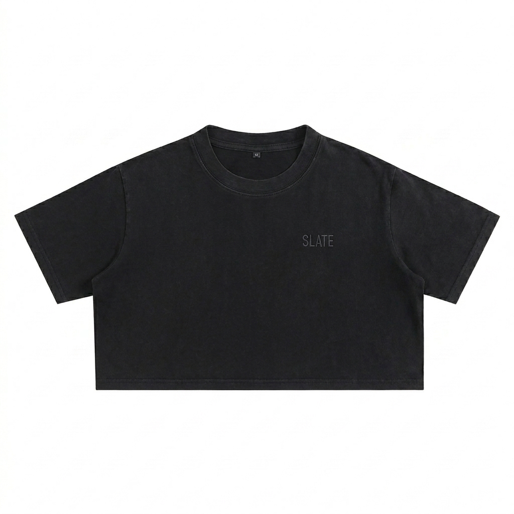 Custom Snow Washed Crop Top design direction 1: Tonal Minimalist Wordmark featuring the SLATE wordmark