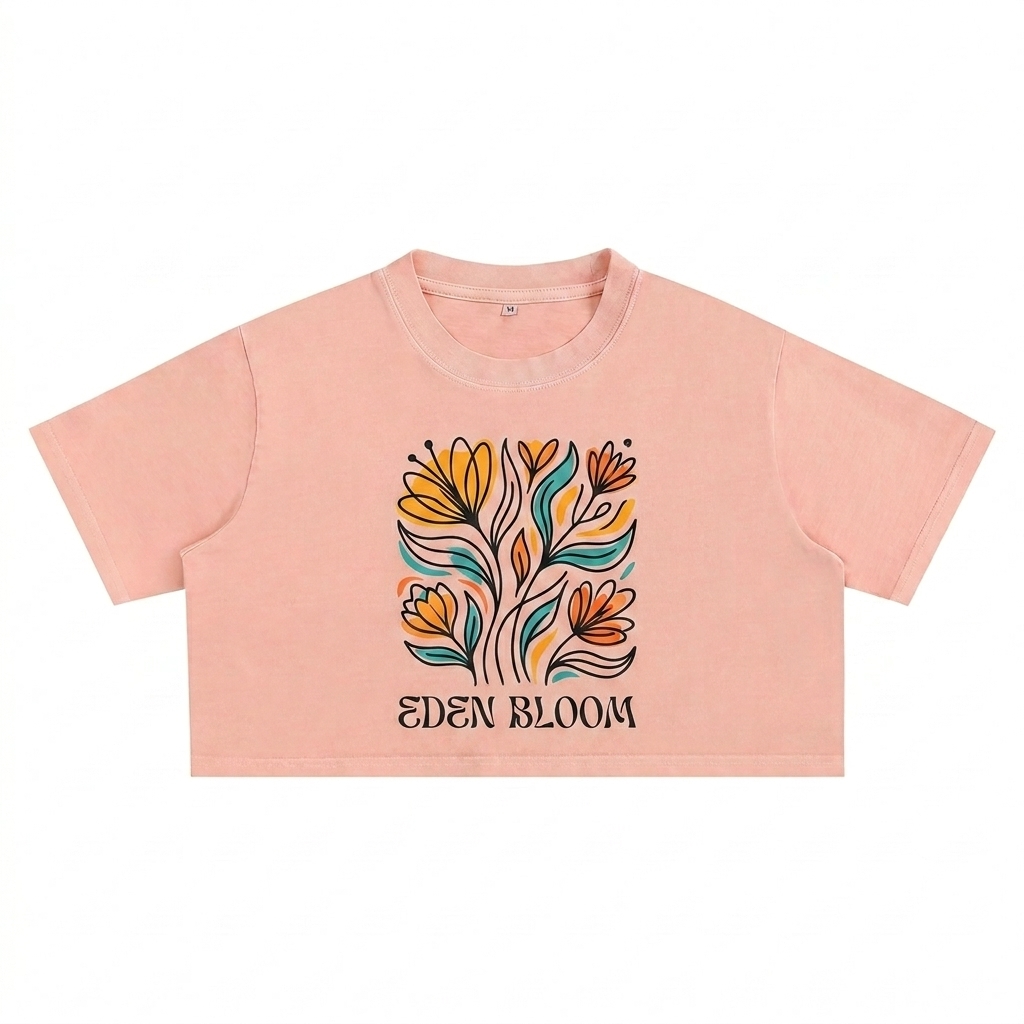 Custom Snow Washed Crop Top design direction 2: Bold Botanical Graphic featuring the EDEN BLOOM wordmark