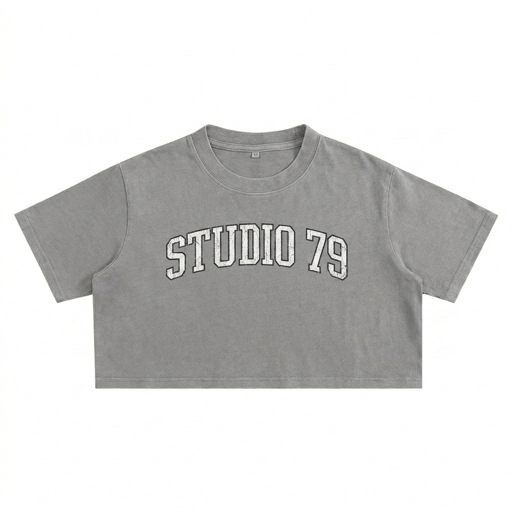 Custom Snow Washed Crop Top design direction 3: Retro Collegiate Emblem featuring the STUDIO 79 wordmark