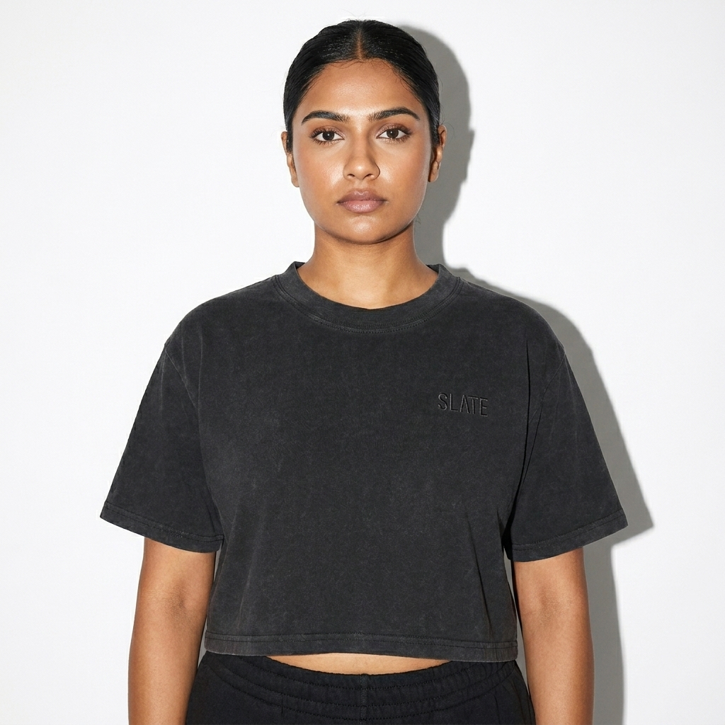 Snow Washed Crop Top worn by a mid-size South Asian female fashion influencer, editorial avant-garde styling, studio lookbook — custom snow washed crop top
