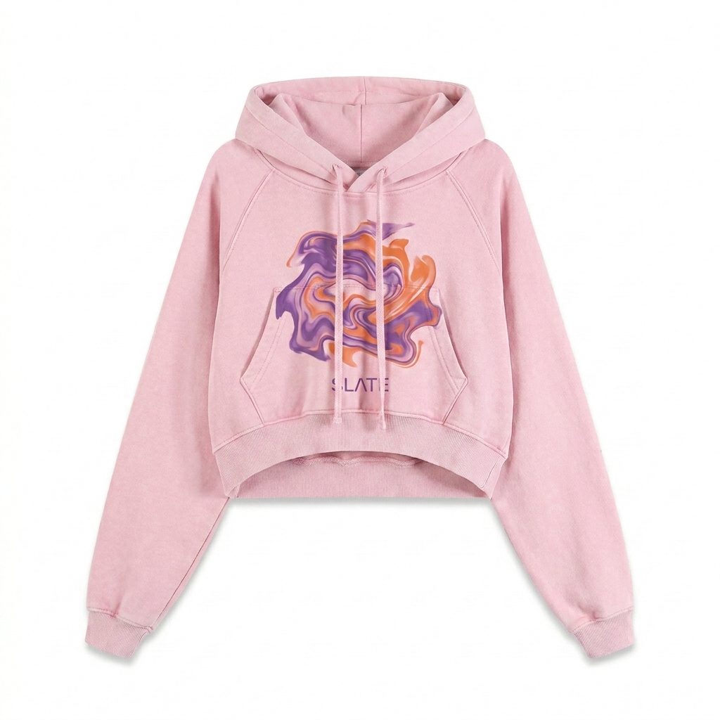 Custom Snow Washed Cropped Hoodie design direction 2: Bold Abstract Graphic featuring the SLATE wordmark