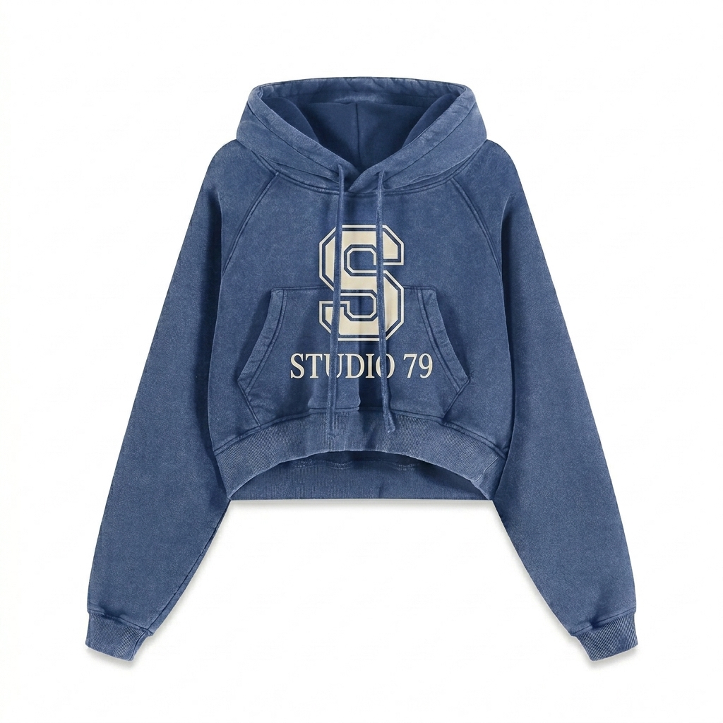 Custom Snow Washed Cropped Hoodie design direction 3: Retro Collegiate Emblem featuring the STUDIO 79 wordmark