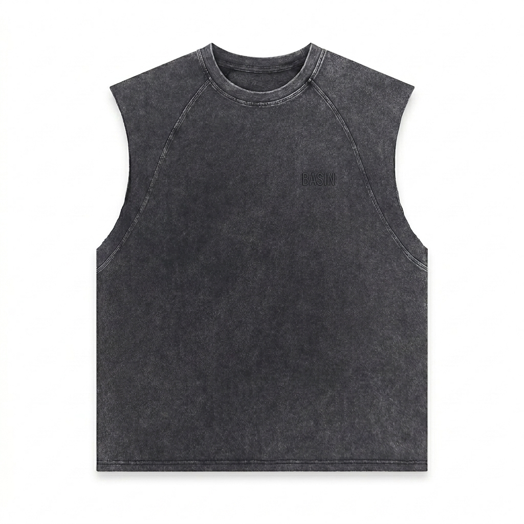 Custom Snow-Washed Custom Tank Top design direction 1: Subtle Tonal Branding featuring the BASIN wordmark