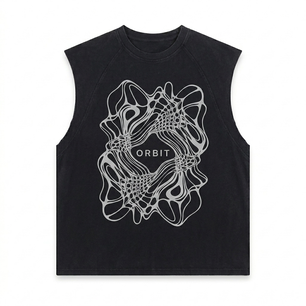 Custom Snow-Washed Custom Tank Top design direction 2: Streetwear Graphic Statement featuring the ORBIT wordmark