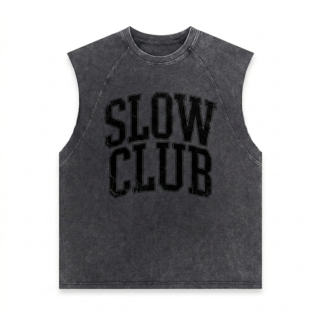 Custom Snow-Washed Custom Tank Top design direction 3: Distressed Collegiate Typography featuring the SLOW CLUB wordmark