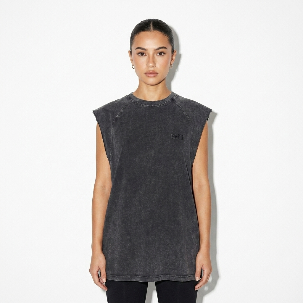 Snow-Washed Custom Tank Top worn by a petite Australian female fashion influencer, sporty athleisure styling, studio lookbook — custom snow-washed custom tank top