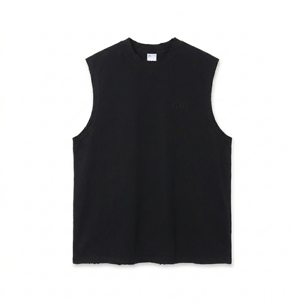 Custom Snow Washed Frayed Hem Tank Top design direction 1: Tonal Minimalist Wordmark featuring the SLATE wordmark