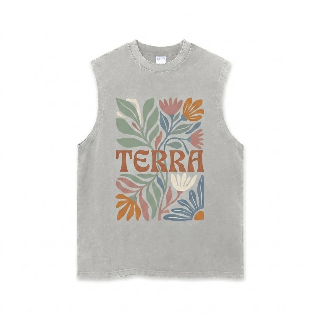Custom Snow Washed Frayed Hem Tank Top design direction 2: Bold Botanical Graphic featuring the TERRA wordmark