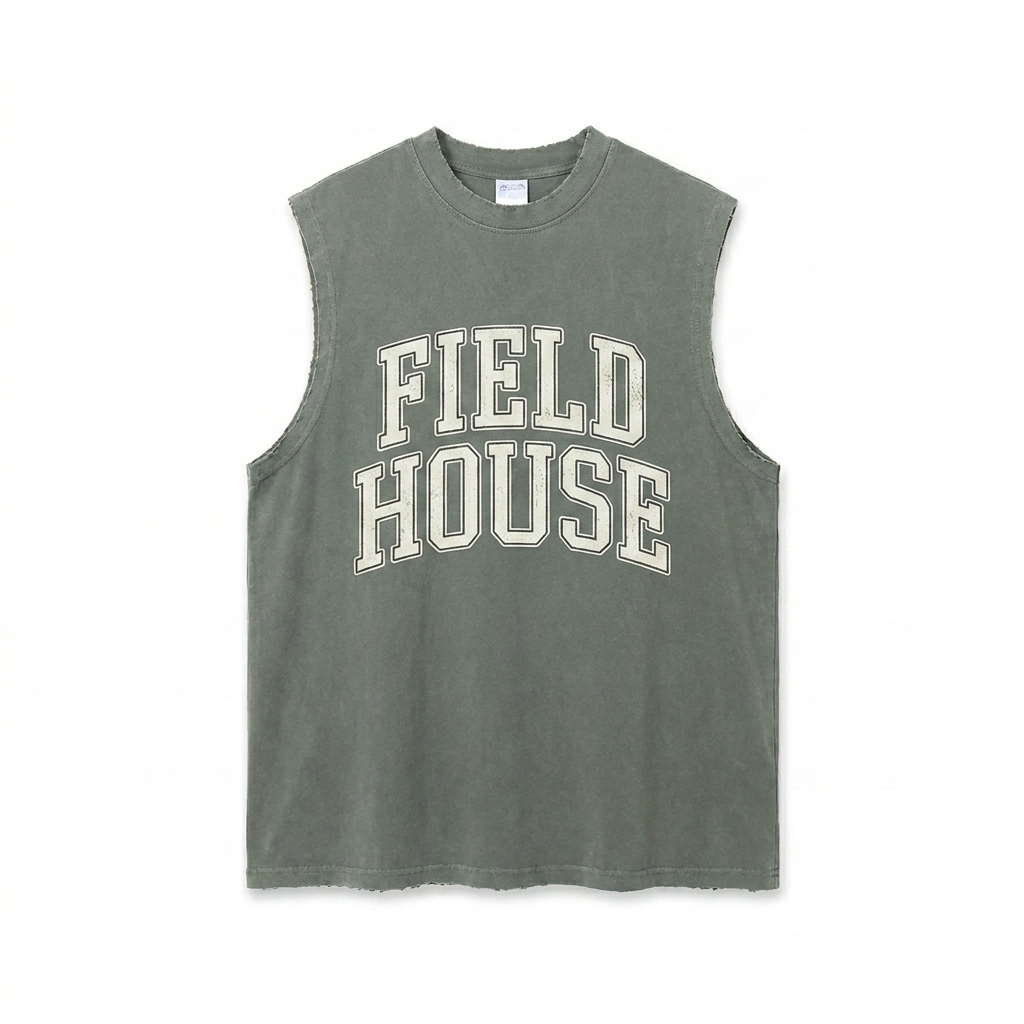 Custom Snow Washed Frayed Hem Tank Top design direction 3: Retro Collegiate Emblem featuring the FIELD HOUSE wordmark