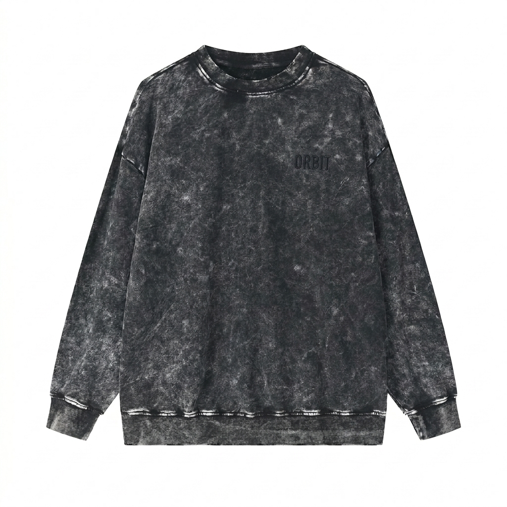 Custom Snow Washed Hand-Frayed Sweatshirt design direction 1: Tonal Heritage Wordmark featuring the ORBIT wordmark